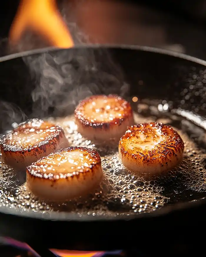 Noix de saint-jacques snackées dans une poêle avec beurre noisette mousseux