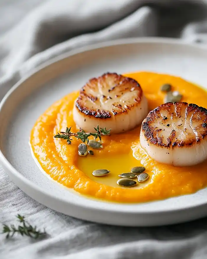 Noix de saint-jacques snackées dorées sur velouté de butternut orange avec graines de courge