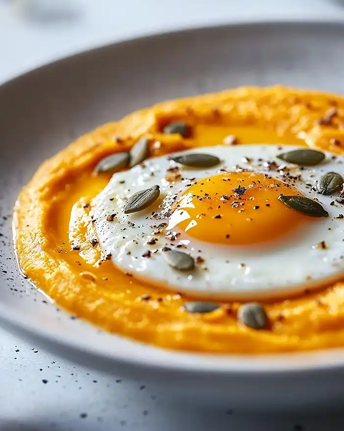 Recettes Œufs Gourmands et Cromesquis 4 Œuf parfait 64°C au jaune coulant posé sur un velouté de potimarron crémeux, jaune d'œuf qui se répand dans la soupe
