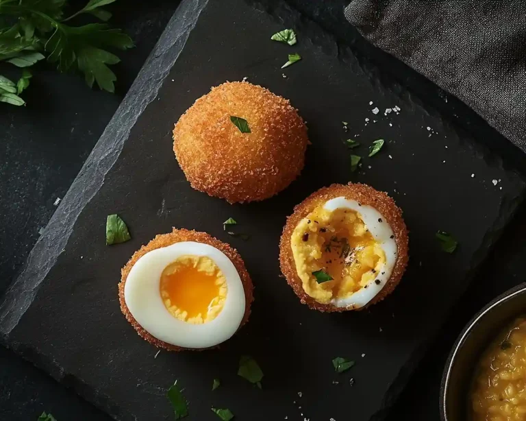 Œufs gourmands et cromesquis œuf mollet pané, arancini cœur burrata, cromesquis de risotto à la truffe et œuf parfait 64°C réunis sur une ardoise