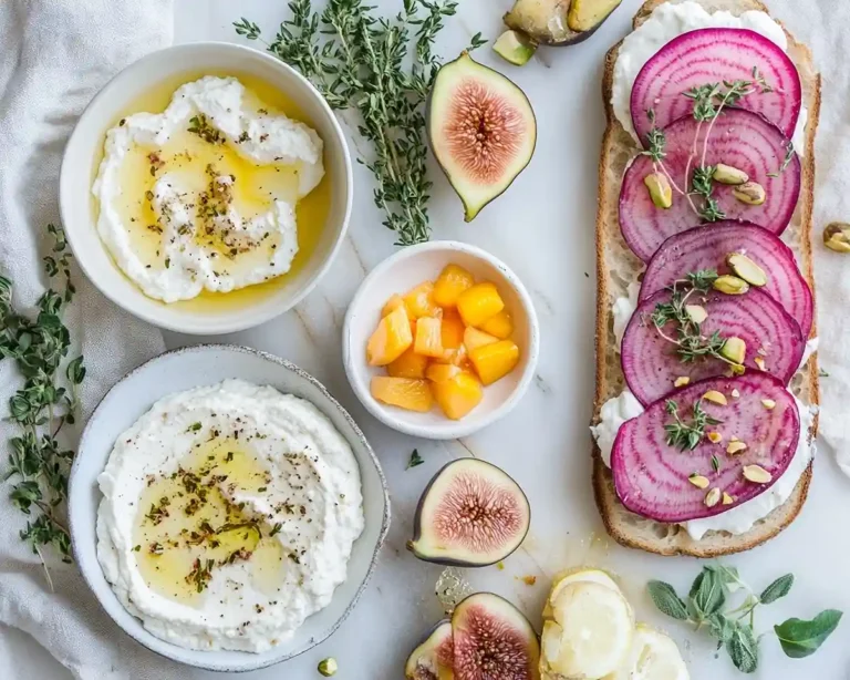 Plateau apéritif avec carpaccio de betterave chioggia, feta fouettée au miel, carpaccio de saint-jacques et tartines ricotta