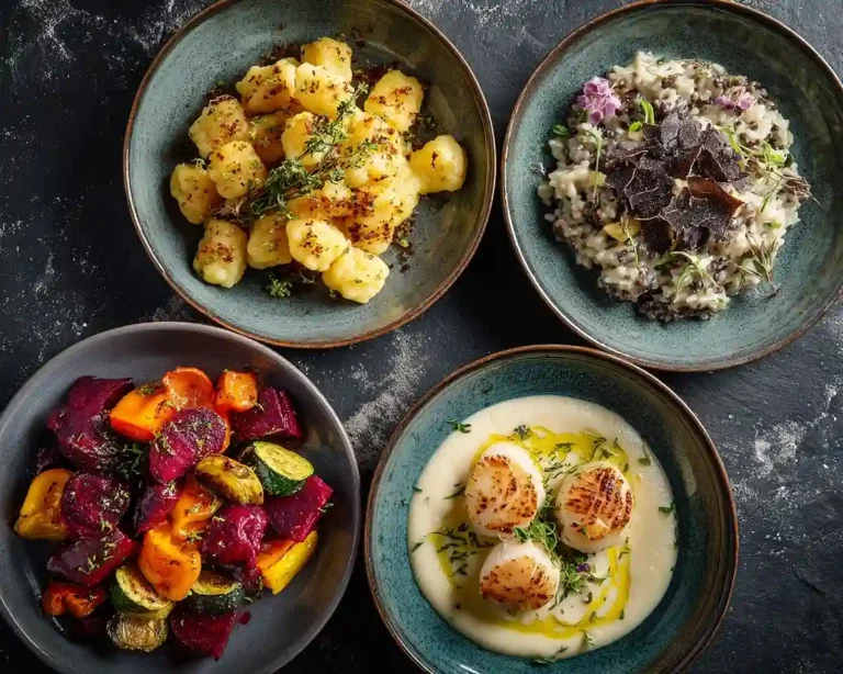 Plats principaux bistronomie moderne gnocchis poêlés, risotto truffe, légumes rôtis et saint-jacques