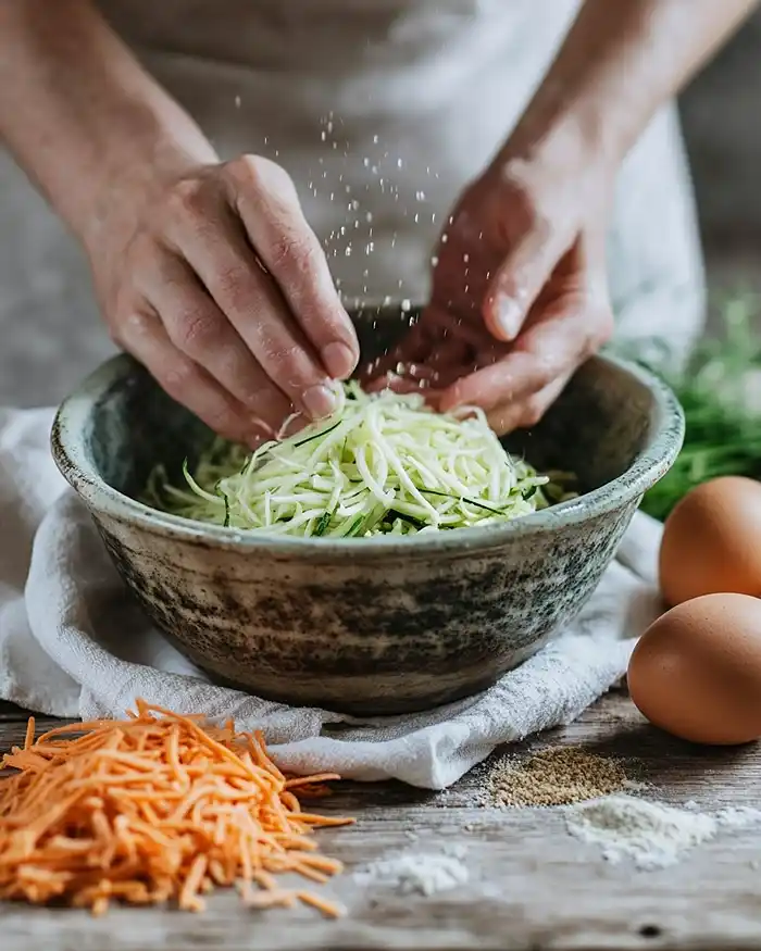 Préparation de la pâte à gaufres salées — égouttage des légumes râpés avant incorporation