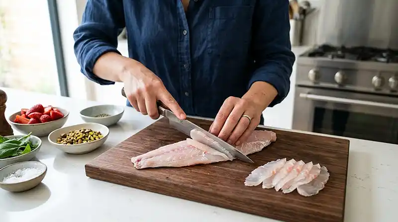 Preparation-de-la-recette-Carpaccio-de-Daurade-aux-Fraises-Basilic