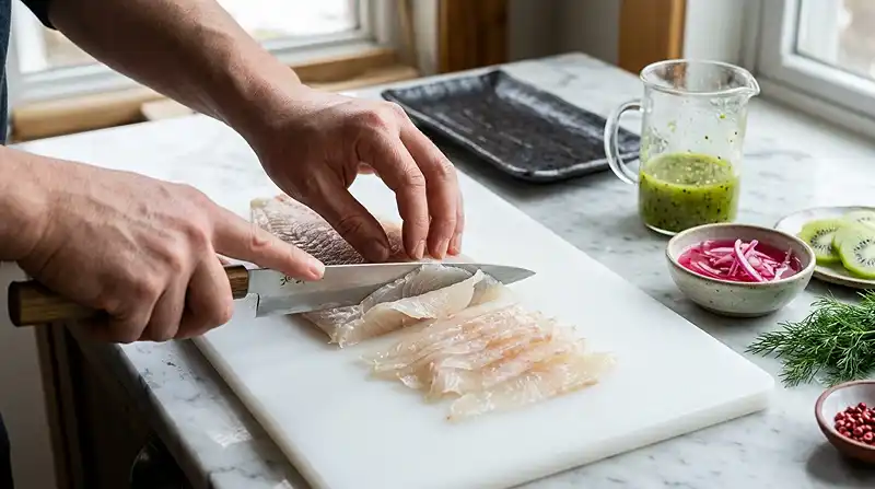 Preparation-de-la-recette-Carpaccio-de-Maigre-Vinaigrette-Kiwi-Piment-Vert