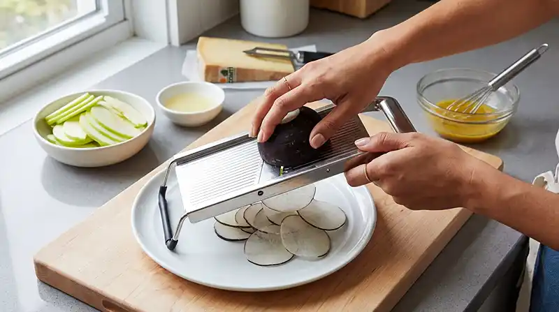 Preparation-de-la-recette-Carpaccio-de-Radis-Noir-et-Pomme-Verte-Vinaigrette-Miel-Moutarde-Comte
