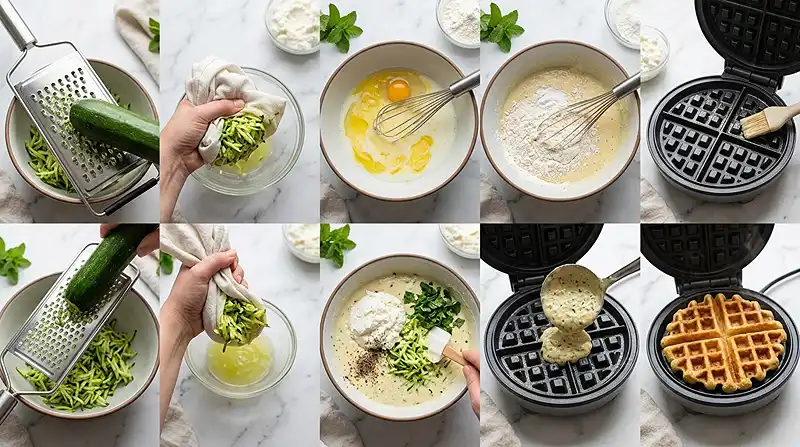 Préparation de la recette Gaufre salée courgette ricotta menthe