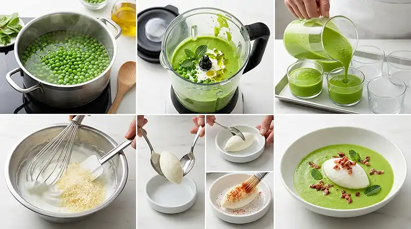 Préparation de la recette Île flottante salée aux petits pois et menthe