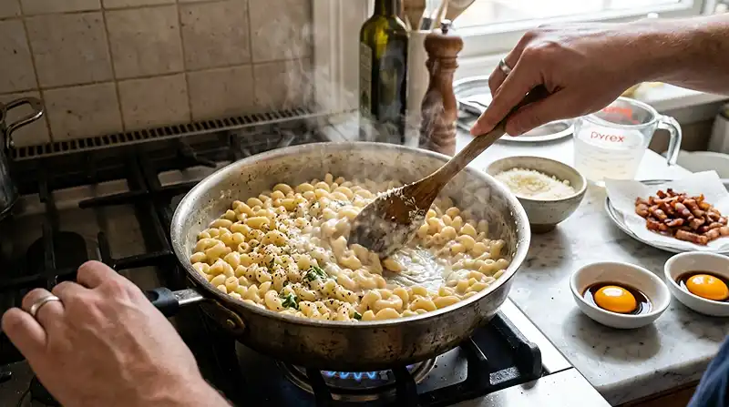 Preparation-de-la-recette-Risotto-de-Coquillettes-Cacio-e-Pepe-au-Jaune-dOeuf-amp-Guanciale