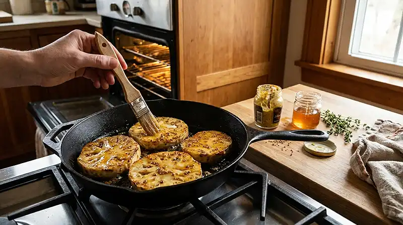 Preparation-de-la-recette-Steak-de-Celeri-Rave-Roti-Laque-Moutarde-Miel
