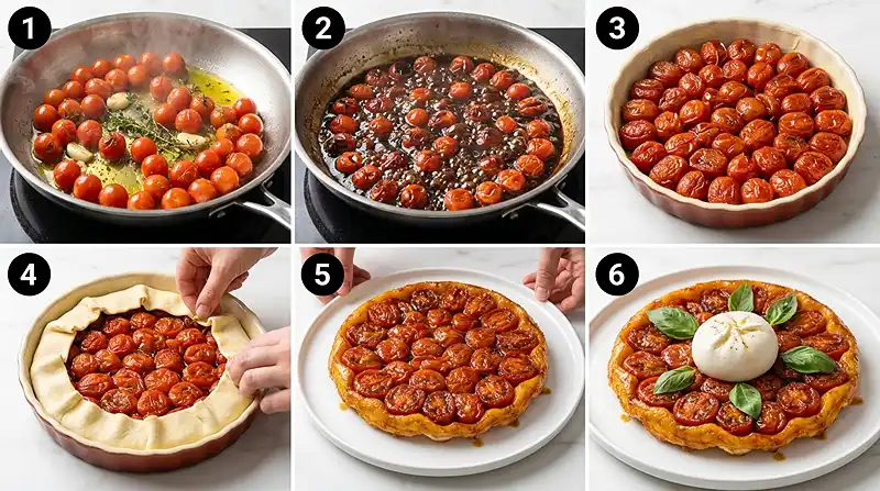 Préparation de la recette Tarte tatin salée de tomates cerises et burrata fumée