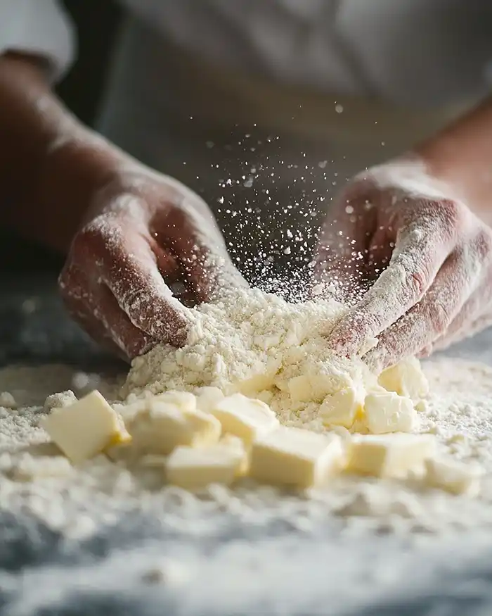 Tartes Salées et Millefeuilles 2 Préparation d'une pâte brisée maison pour tarte salée beurre froid travaillé dans la farine sur plan de travail en marbre