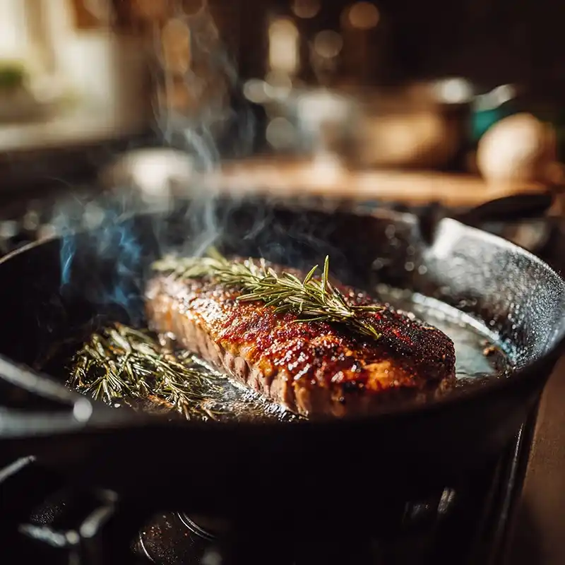 Réaction de Maillard sur une viande saisie en poêle en fonte - technique fondamentale de la bistronomie