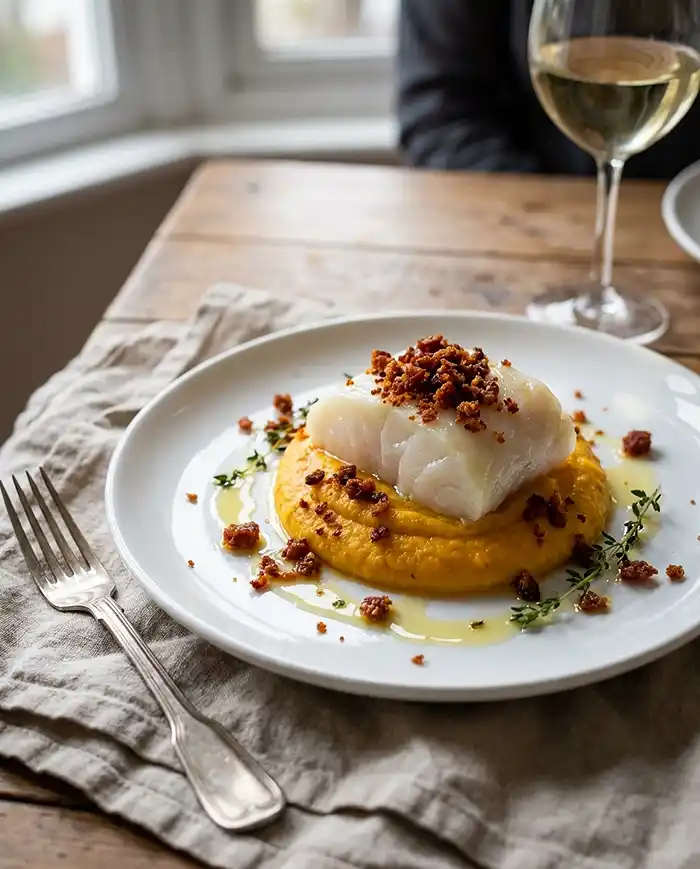 Recette-Parmentier-Marin-de-Cabillaud-Confit-a-la-Vanille-Puree-de-Patate-Douce-au-Safran-Crumble-de-Chorizo