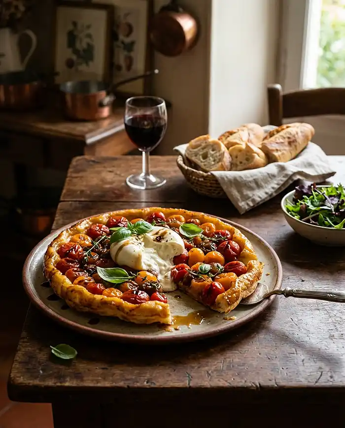 Recette Tarte tatin salée de tomates cerises et burrata fumée