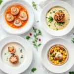 Recettes de saint-jacques et veloutés gourmands tartelettes, noix snackées, velouté glacé et velouté de butternut