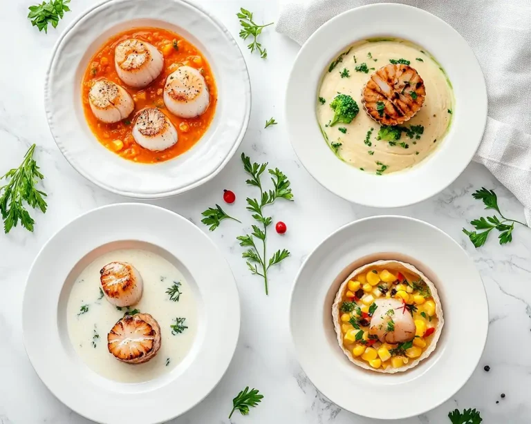 Recettes de saint-jacques et veloutés gourmands tartelettes, noix snackées, velouté glacé et velouté de butternut