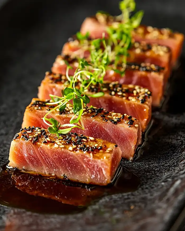 Entrées Gastronomiques & Cuisine Crue 3 Seared tataki with raw center and Japanese style plating