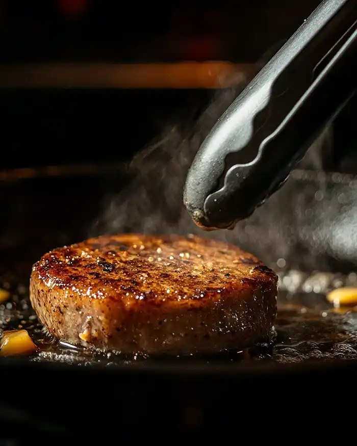 Recettes Légumes Rôtis et Steaks Végétaux 2 Steak de céleri rave en train de saisir dans une poêle en fonte avec une croûte dorée et du beurre noisette
