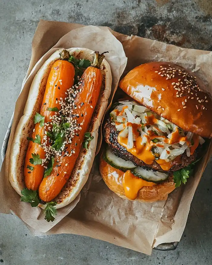 Street food créative — hot dog de carotte laquée au miso et burger savoyard au reblochon fondant