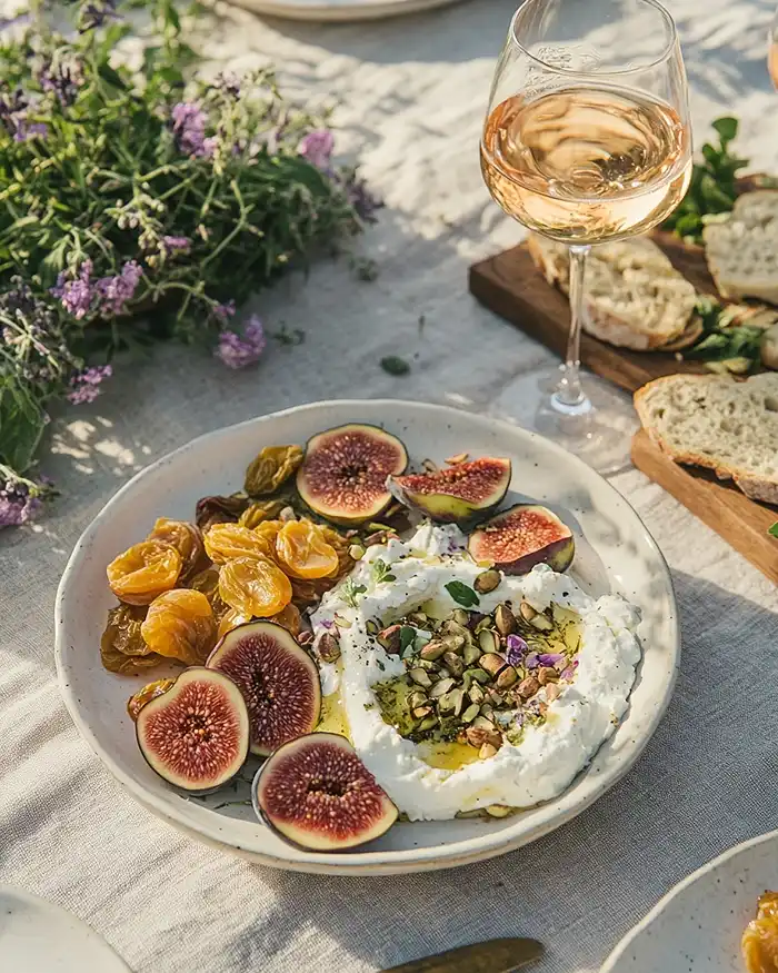 Table apéritif provençale avec feta fouettée aux figues, carpaccio de betterave chioggia, pain grillé et verres de rosé