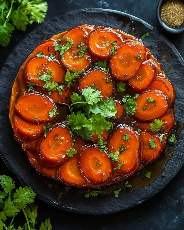 Tartes Salées et Millefeuilles 3 Tarte tatin salée de carottes glacées au cumin démoulée sur ardoise, carottes caramélisées en rosace avec herbes fraîches