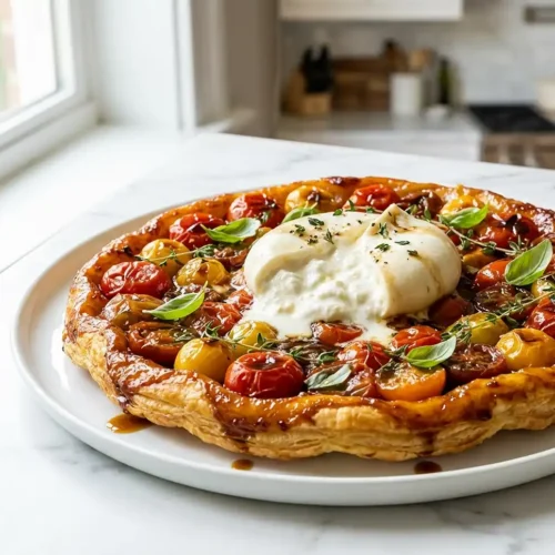 Tarte tatin salée de tomates cerises et burrata fumée