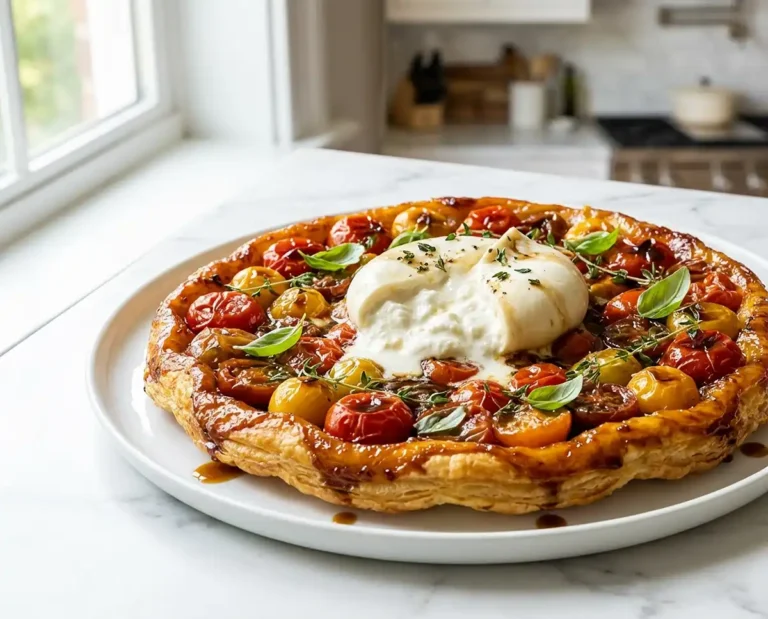 Tarte tatin salée de tomates cerises et burrata fumée