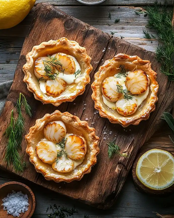 Tartelettes fines aux saint-jacques avec pâte feuilletée croustillante et noix en rosace