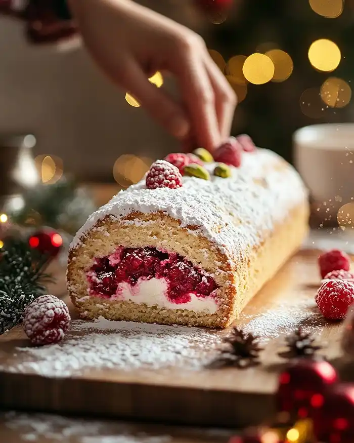 Desserts de Fêtes Irrésistibles 3 Technique de roulage d'une bûche de Noël génoise framboise pistache par un pâtissier sur plan de travail fariné