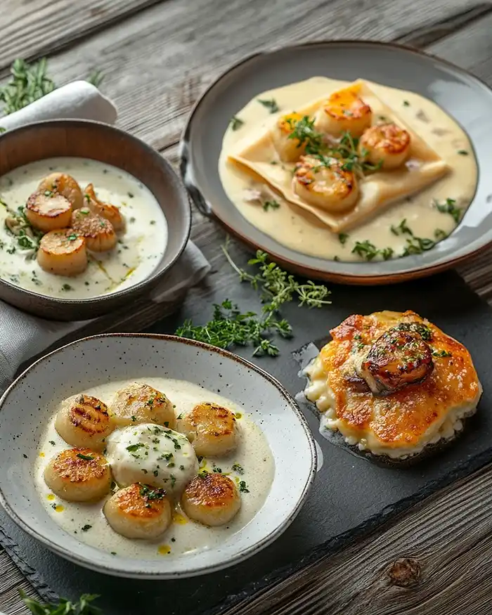 Trois variations gourmandes gnocchis au gorgonzola et figues, ravioles de saint-jacques et parmentier de canard confit gratiné: Pâtes Risottos & Plats Réconfortants