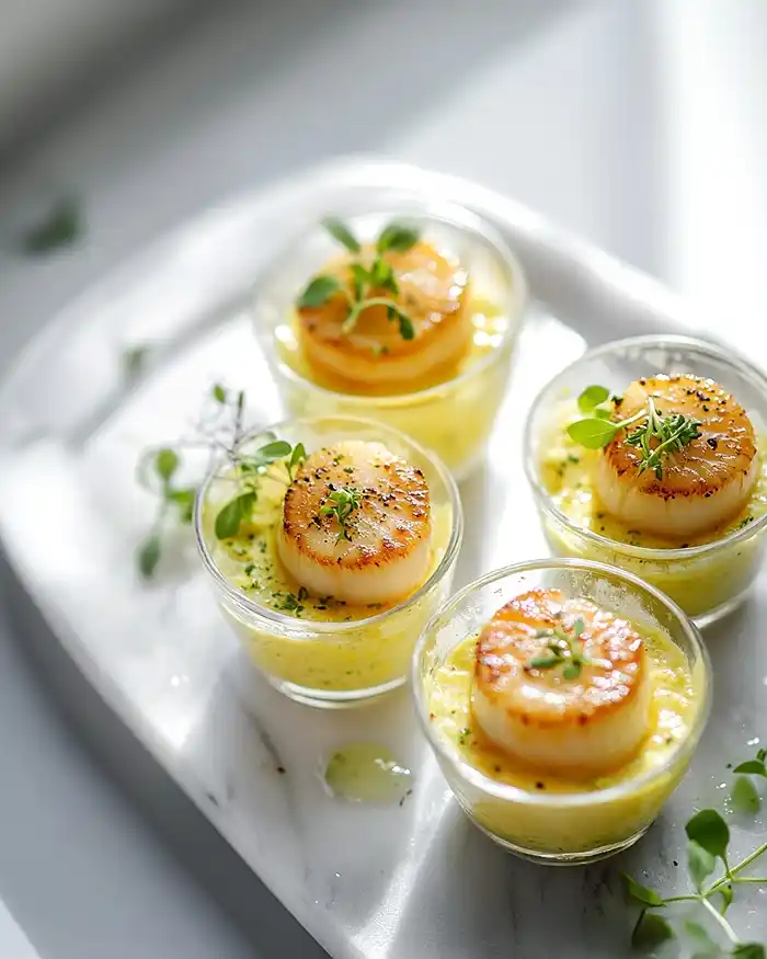 Velouté glacé de maïs au lait de coco en verrine avec noix de saint-jacques snackée