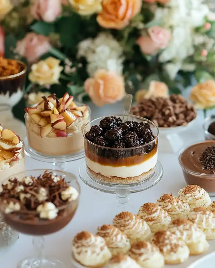 Mousses, Crèmes et Desserts 3 Vue du dessus d’un assortiment de desserts modernes incluant tiramisu en verrines, mousses, verrines chocolatées et crêpes roulées.