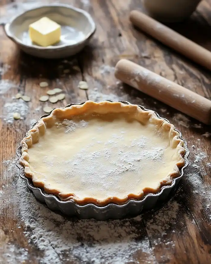 cuisson à blanc d'un fond de tarte sablée avec billes de cuisson pour éviter le fond détrempé