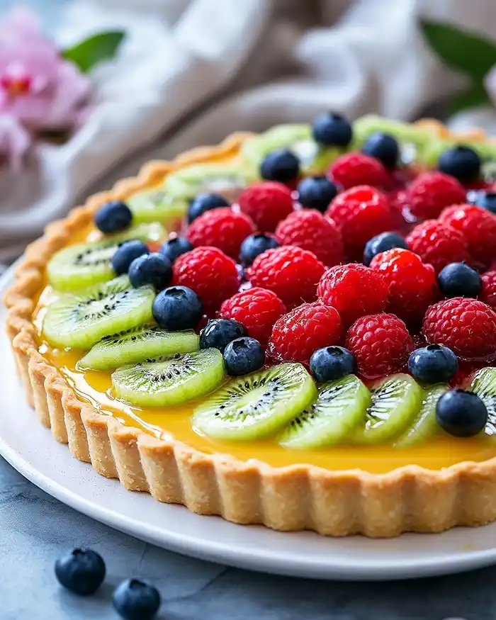 tarte aux fruits classique maison avec crème pâtissière et fruits frais brillants
