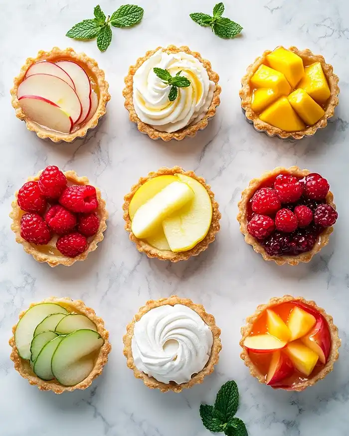variations de tartes aux fruits fraises, citron yuzu, pommes, framboises, fruits exotiques et fruits rouges