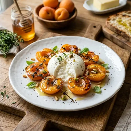 Burrata aux abricots rôtis miel thym
