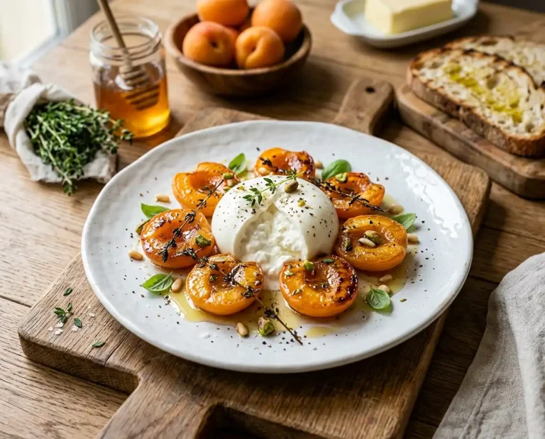 Burrata aux abricots rôtis miel thym