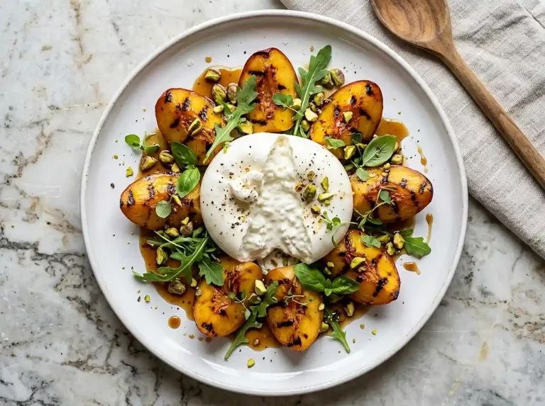 Burrata aux pêches grillées et pistaches