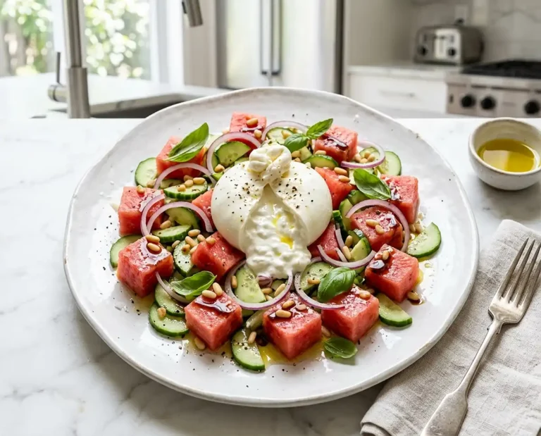 Burrata pastèque concombre basilic