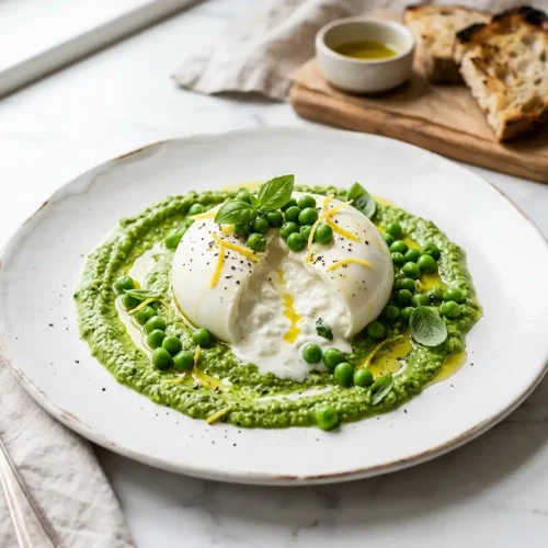 Burrata petits pois pesto citron