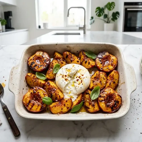 Burrata rôtie sur nectarines au piment doux