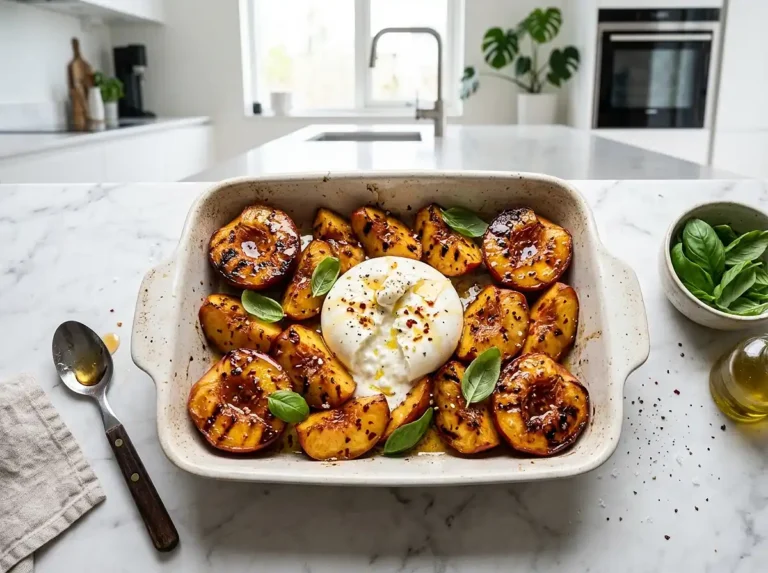 Burrata rôtie sur nectarines au piment doux