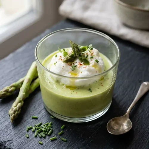 Île flottante salée asperges chèvre frais