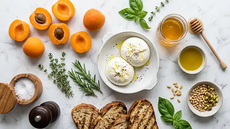 Les ingrédients pour Burrata aux abricots rôtis miel thym