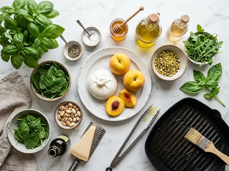 Burrata aux Pêches Grillées et Pistaches 3 Les ingrédients pour Burrata aux pêches grillées et pistaches