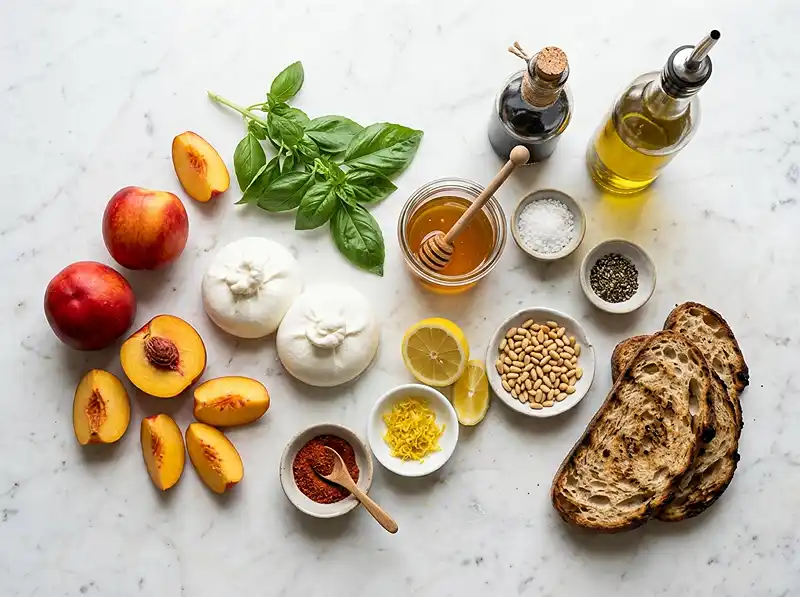 Les ingrédients pour Burrata rôtie sur nectarines au piment doux