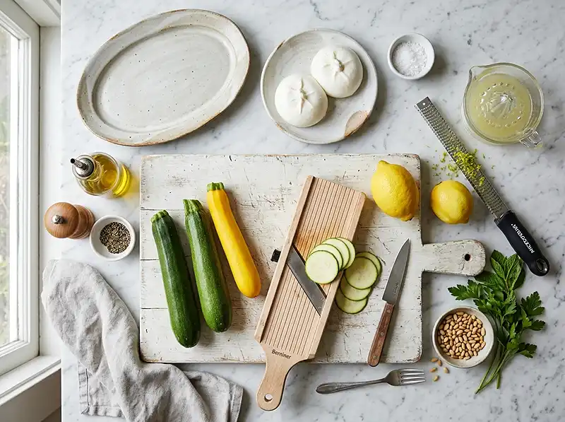 Les ingrédients pour Carpaccio de courgettes burrata citron