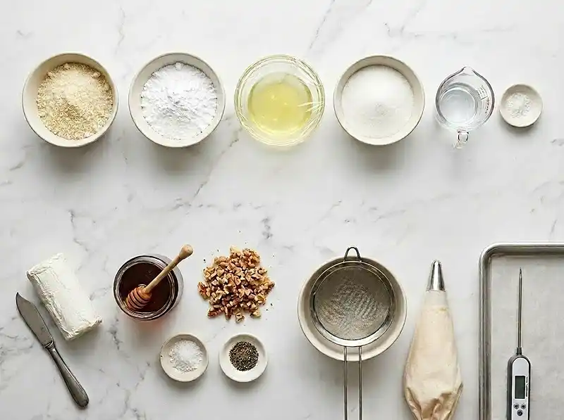 Les ingrédients pour Macaron salé chèvre miel noix
