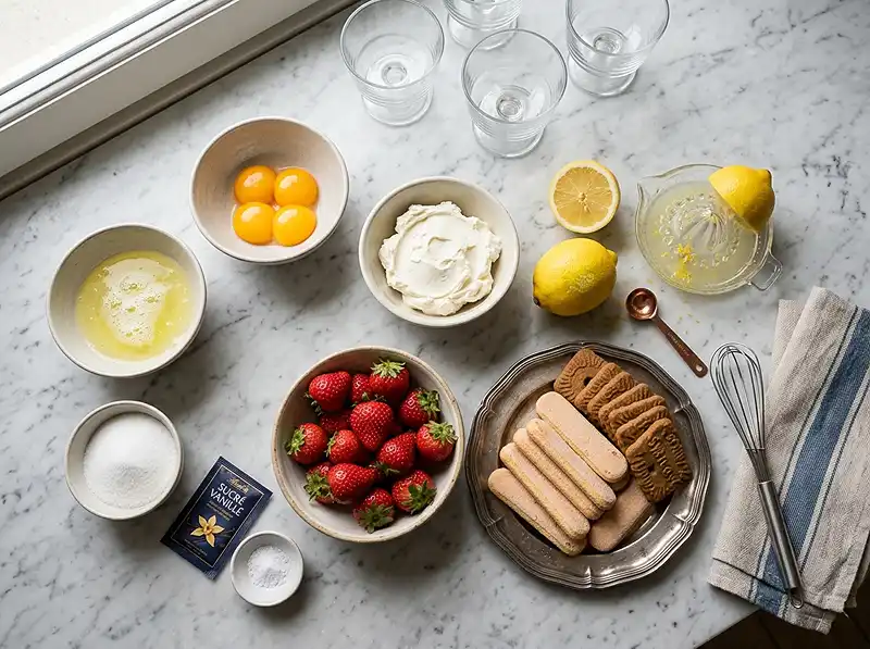 Les ingrédients pour Tiramisu fraises citron mascarpone en verrine